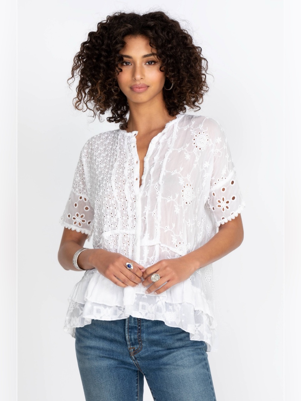 Johnny Was White Eyelet Embroidered Short Sleeve Blouse
